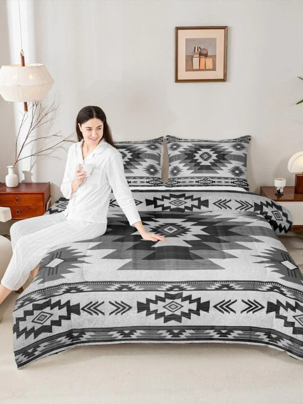 Gray Tribal Plaid Bedding Set,Southwestern Style Ethnic Grid Comforter Set for K